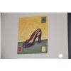 Image 3 : FRAMED WOODCUT PRINTS: WHAT SHE TOOK WITH HER, BLUE WEDDING SHOE & SUITCASE BY LAURA SMITH (15 1/2" 