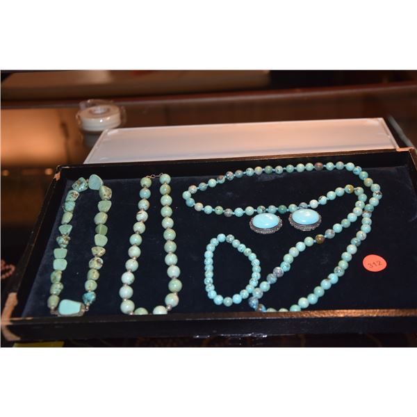 TURQUOISE BEAD NECKLACES & BRACELET & CABOCHON SET PENDANTS (7 PCS)