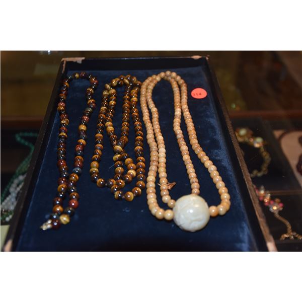 TIGER'S EYE BEAD NECKLACES & LONG BEIGE JADE BEAD NECKLACE W/LARGE CARVED SERPENTINE BEAD (3 PCS)