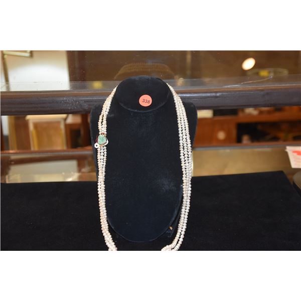 14K CARVED JADE CLASP, 3 STRAND BIWA PEARL LONG NECKLACE (31")