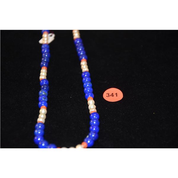 14K LAPIS LAZULI, RED CORAL & BAROQUE PEARL NECKLACE (27")