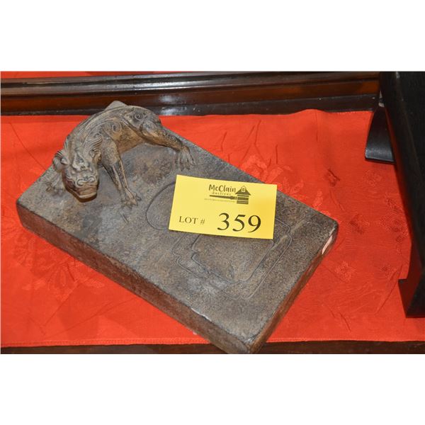 CHINESE INK STONE W/SCULPTURED MYTHICAL ANIMAL (11" X 6 1/2" X 4 1/2")