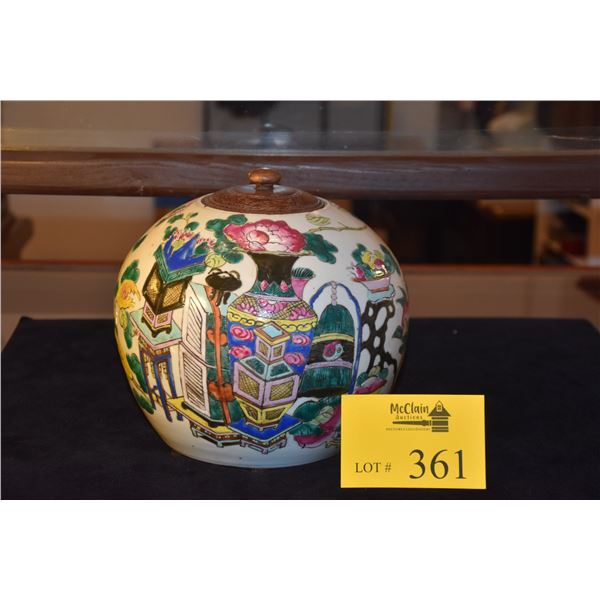 CHINESE POLYCHROME GINGER JAR W/WOOD LID, 100 ANTIQUE MOTIF (8 1/2")