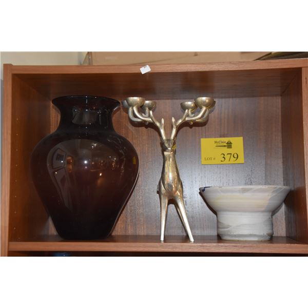 MIXED LOT: GLASS VASE, REINDEER CANDLE HOLDER & CERAMIC BOWL (3 PC)