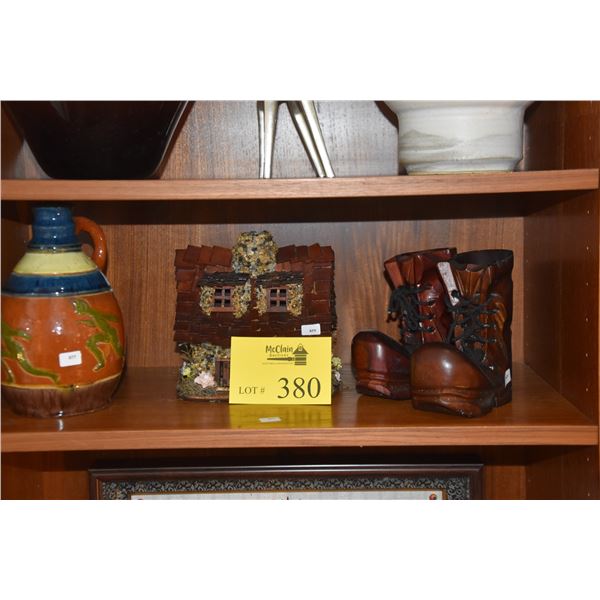 MIXED LOT: VASE, HOUSE & WOOD SHOES (4 PCS)