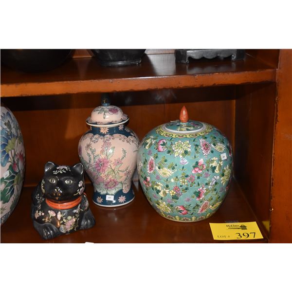 COVERED JARS, VASE & CAT (4 PCS)