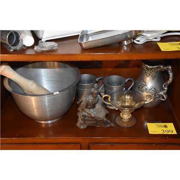 MIXED LOT: LARGE BOWL W/PESTLE, PEWTER, COMPOTE & STATUE (7 PCS)