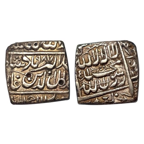Akbar, Ahmedabad mint, Silver, Square Rupee, Kalima, Square-area type on obv, mint name at bottom on