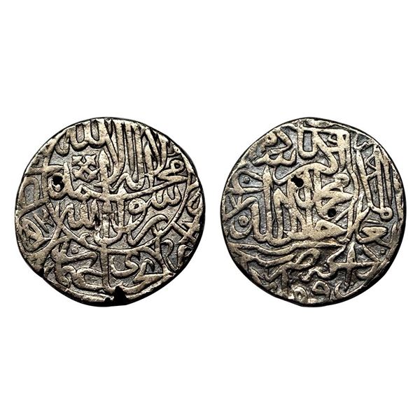 Akbar, Jaunpur Mint, Silver, Rupee, Kalima type, Mint name at bottom-left on revAH 970.