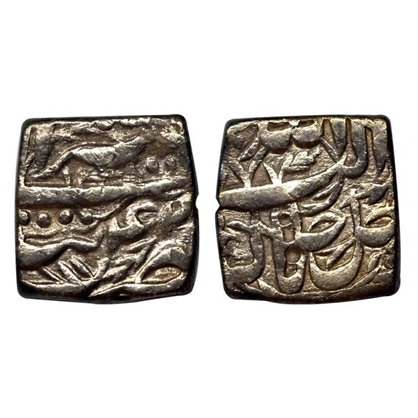 Akbar, Tatta mint, Silver, Square Rupee, Allahu Akbar type, Ilahi 42, Tir Month.