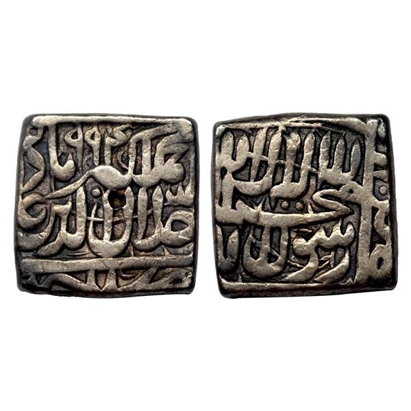 Akbar, Ujjain mint, Silver, Square Rupee, Kalima, Al-zarb Ujjain mint name at bottom on rev, Square-