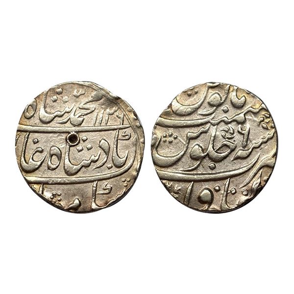 Muhammad Shah, Rupee, Itawa Mint, Mint name in the bottom line on rev, AH 1136, RY 6,
