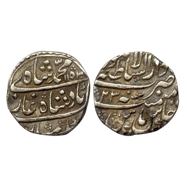 Muhammad Shah, Rupee, Lahore Dar us Sultanate Mint, Mint name in the top line on rev, AH 1153, RY 30
