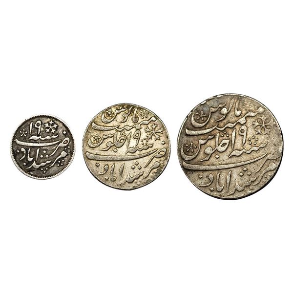 Bengal Presidency, Murshidabad Mint, set of 3, Silver Rupee, ½ & ¼, in the name of Shah Alam II, RY