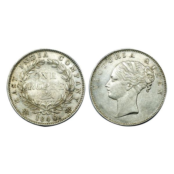Victoria Queen, Silver One Rupee, 1840, English Head, 19 Berries.