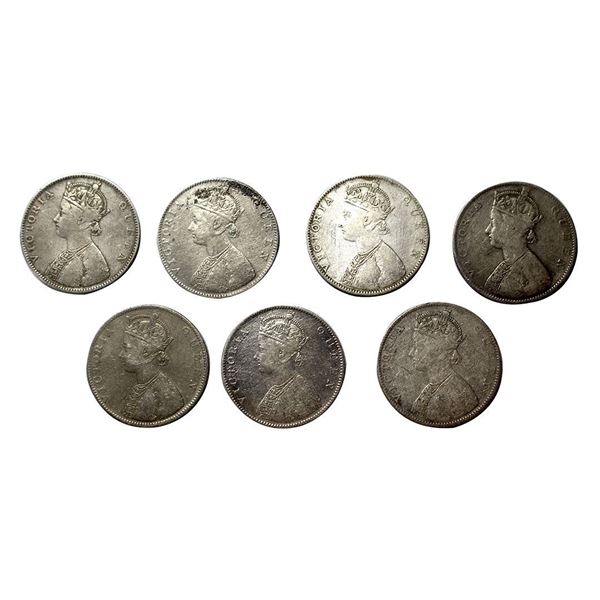 Victoria Queen, Silver One Rupee (7 pcs), 1862, 5 panel type, All 7 coins 5 panel type
