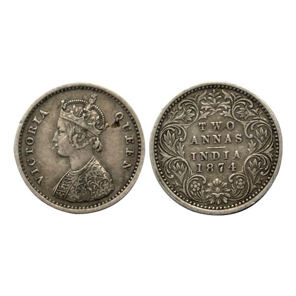 Victoria Queen, Silver Two Annas, 1874, Calcutta Mint.