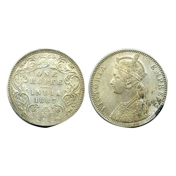 Victoria Empress, Silver One Rupee, 1887 C2/I / Brrasied over "B" incuse.