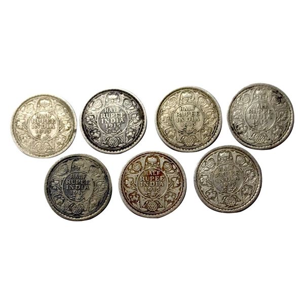 George V, Silver 1/2 Rupee, 1915, Set of 7 Coins, Calcutta Mint
