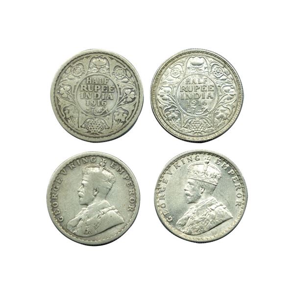 George V King Emperor, Silver 1/2 Rupee, 1916, Set of 2 Coins, "6" Small, "6" Large.