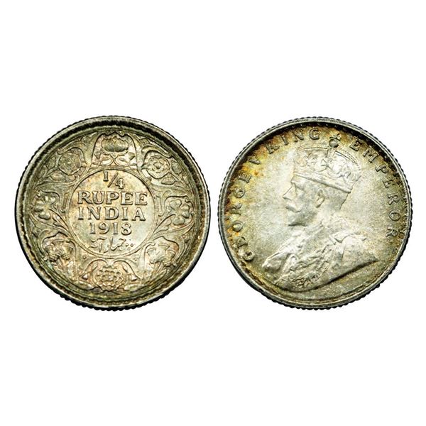 George V King Emperor, Silver 1/4 Rupee, 1918.