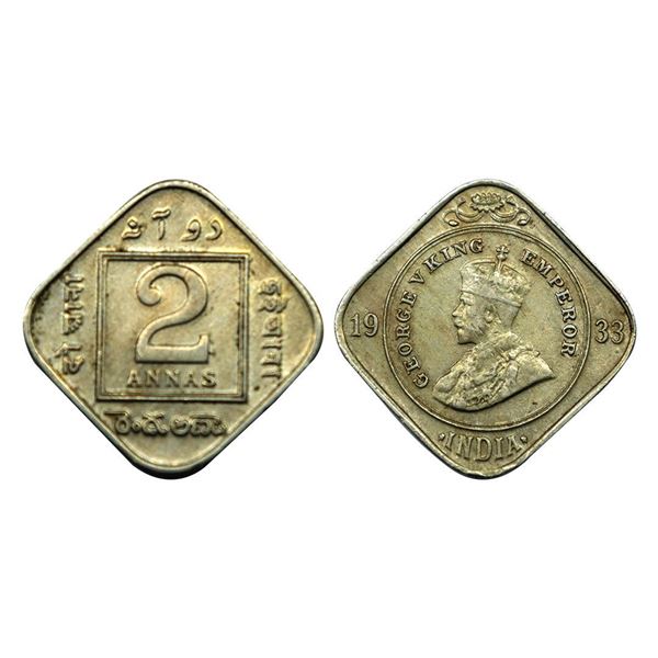 George V King Emperor, Copper-Nickel, 2 Annas, 1933,