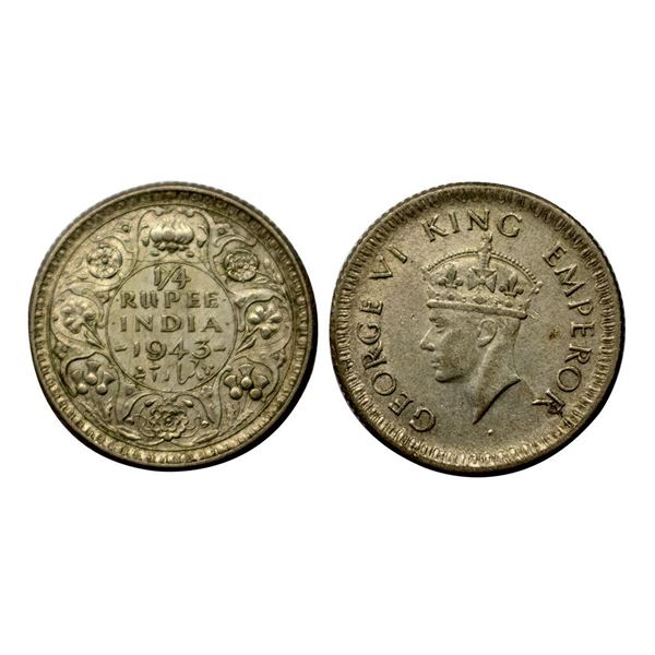 George Vi, Half-Silver 1/4 rupee, 1943, Calcutta Mint.