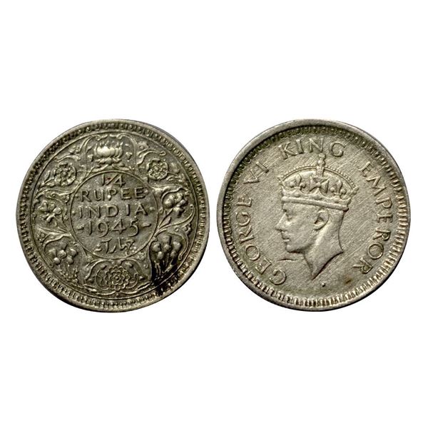 George VI, Half-Silver 1/4 Rupee, 1945, Large 5, Bombay Mint,