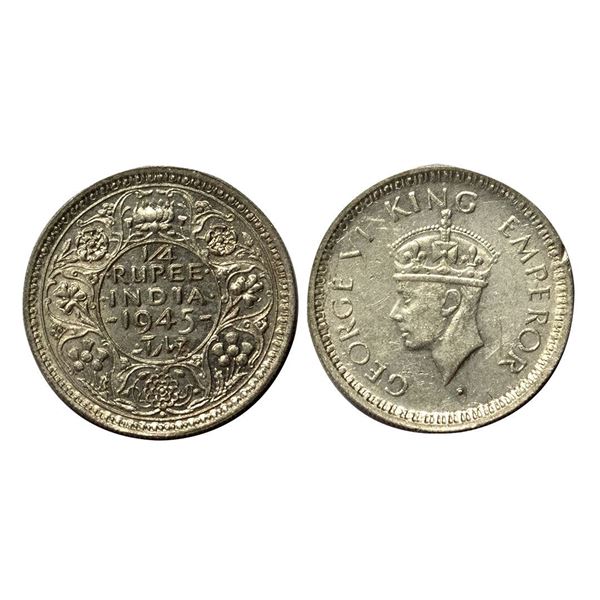 George VI, Half-Silver 1/4 Rupee, 1945, Large 5, Bombay Mint,