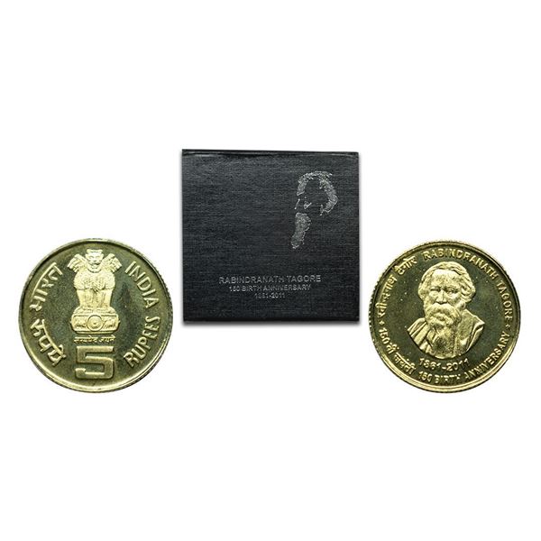 Nickel Brass Rupees 5, 2011, 150th Birth Anniversary of Rabindranath Tagore.