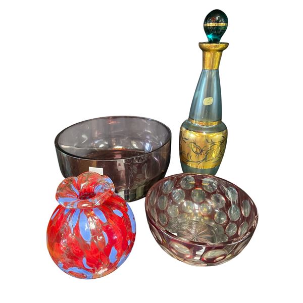 4x Vintage Collectibles: Art Glass Bowls, Art Glass Vase, & Bohemia Crystal Decanter