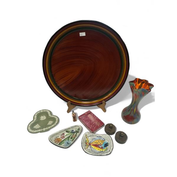 Vintage Variety Lot: Wedgwood, Brass Weights, Art Glass, Wooden Tray, & More