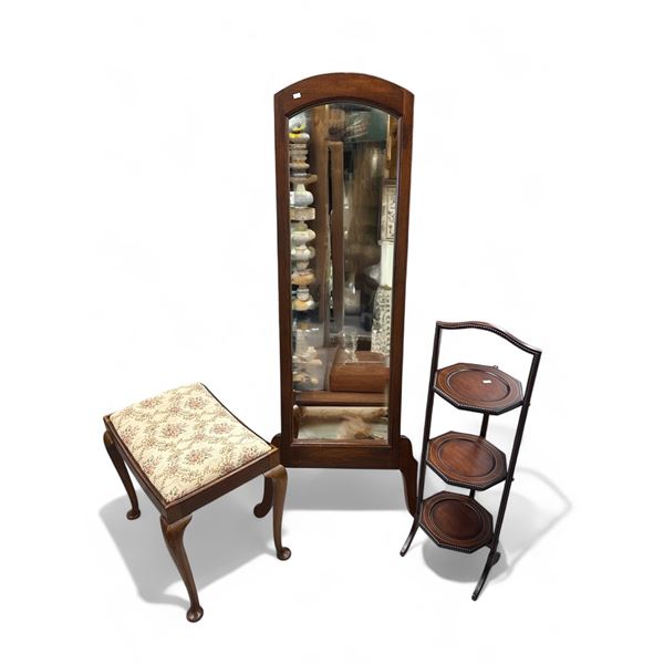 3x Vintage Pieces Of Furniture: Upholster Stools, Standing Mirror, & 3 Tier Display Stand