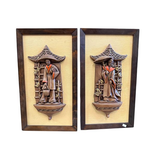 2x  Vintage Asian Chalk Art Wall Hangers