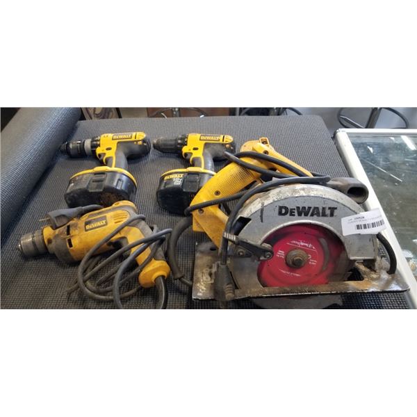 CORDED DEWALT CIRCULAR SAW AND THREE CORDLESS DRILLS WITH 3 BATTERIES
