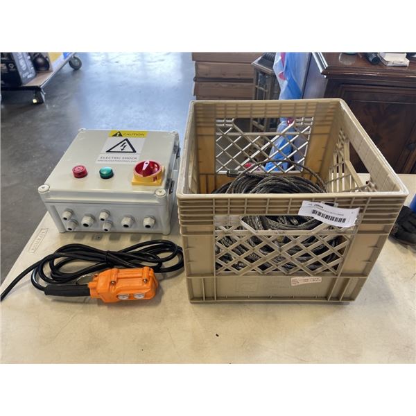 UTILITY POWER BOX WITH CRANE CONTROLLER AND CRATE OF CABLE