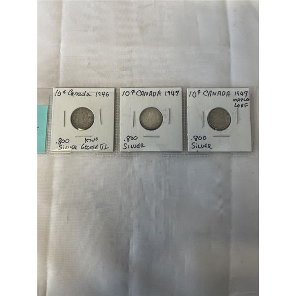 3 CANADIAN SILVER (.800) GEORGE VI DIMES 1946, 1947, 1947 MAPLE LEAF