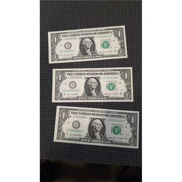 3 UNCIRCULATED US DOLLAR BILLS CONSECUTIVE SERIAL NUMBERS OHIO SERIES
