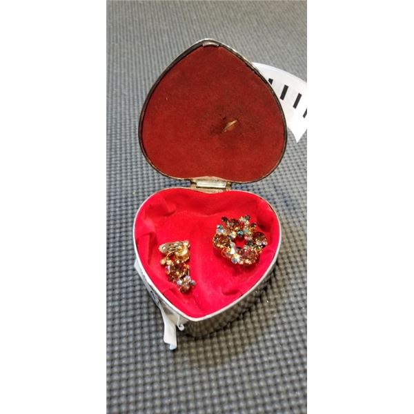 MUSIC HEART JEWELRY BOX WITH VINTAGE BROACH AND EARRING SET