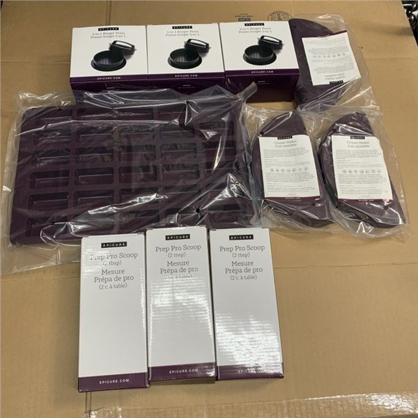 LOT OF NEW PORTIONS SILICONE COOKING TRAY, THREE BURGER PRESSES, THREE PREP PRO SCOOPS AND THREE SIL