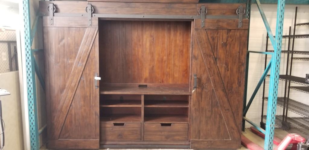 Rustic Media Storage RUSTIC MEDIA CABINET WITH BARN DOORS AND GLASS INSERT SHELVES, APPROX ...