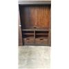 Image 2 : RUSTIC MEDIA CABINET WITH BARN DOORS AND GLASS INSERT SHELVES, APPROX. 9.5FT WIDE X 7.5FT TALL X 21"