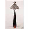 Image 1 : Antique British hallmarked, sterling silver repousse baby rattle with bells and tortoise shell handl