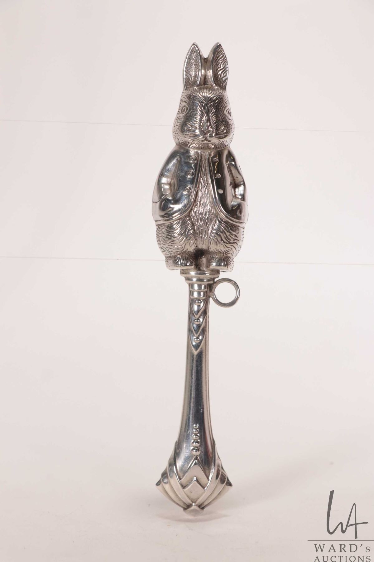 Antique sterling silver Peter Rabbit baby rattle, marked 925