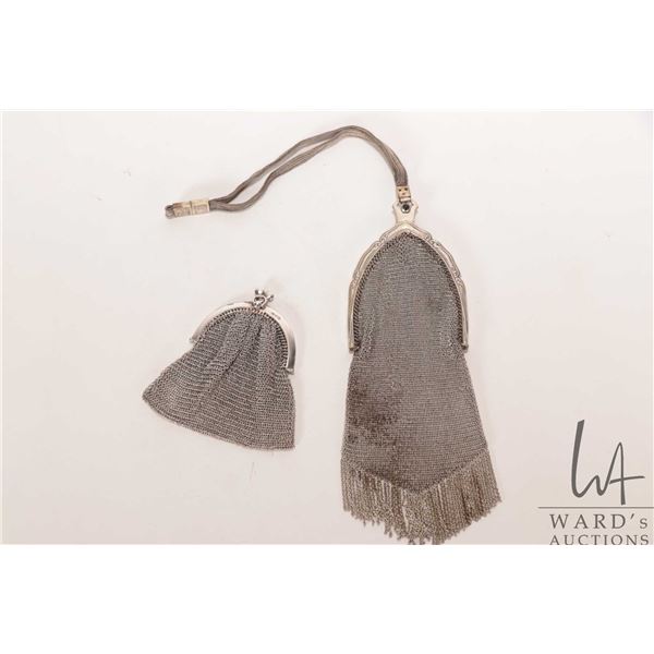 Two antique silver mesh purses including one set with blue cabochon stone, no marks seen