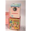 Image 2 : Selection of vintage pressed tin toys including 20" L X 11" W doll's bed, a Linda Lee Laundromat bat