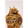Image 2 : Gilt open work dragon incense burner and a gilt calligraphy stamped paperweight