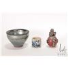 Image 1 : Dark glazed wine bowl, Chinese blue and white archer ring and a foo dog marble ornament