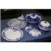 Image 1 : Selection of antique blue and white pottery including wash bowl, lidded comode, platters and three c