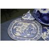 Image 2 : Selection of antique blue and white pottery including wash bowl, lidded comode, platters and three c